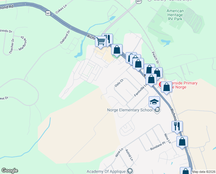 map of restaurants, bars, coffee shops, grocery stores, and more near 199 Old Church Road in Williamsburg