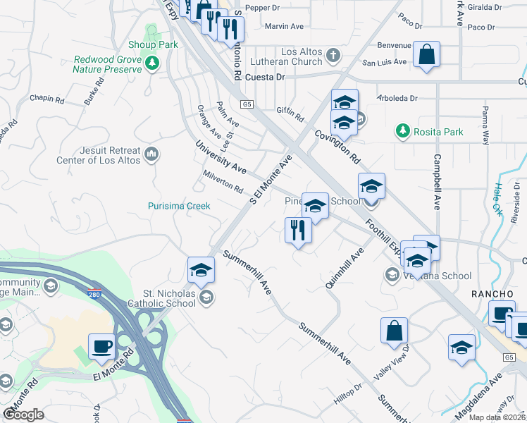 map of restaurants, bars, coffee shops, grocery stores, and more near 818 Amber Lane in Los Altos