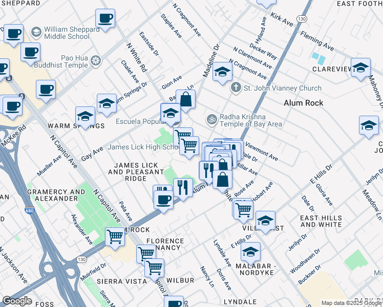 map of restaurants, bars, coffee shops, grocery stores, and more near 57 North White Road in San Jose