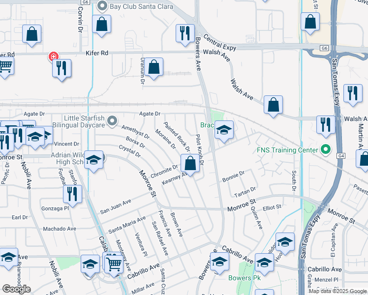 map of restaurants, bars, coffee shops, grocery stores, and more near 2564 Pebble Beach Drive in Santa Clara