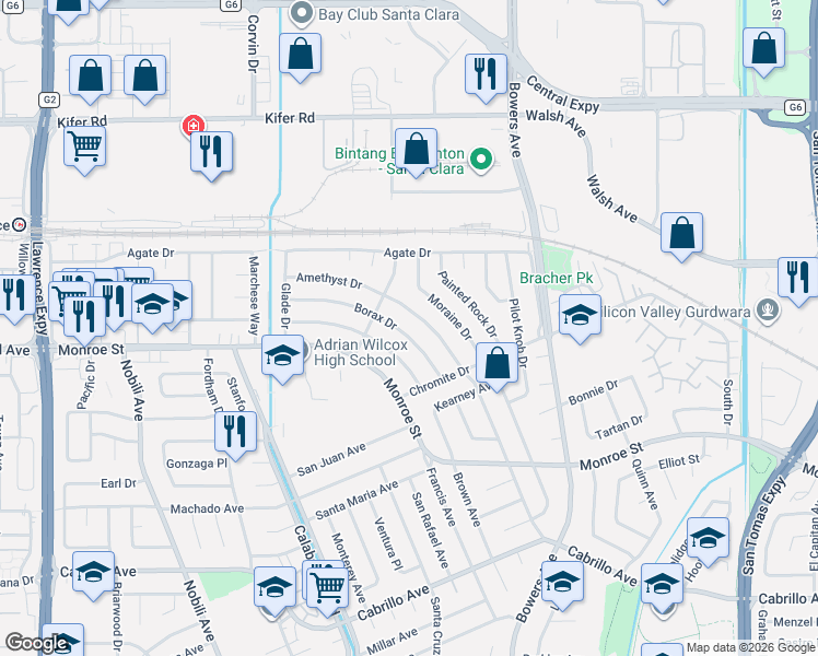 map of restaurants, bars, coffee shops, grocery stores, and more near 2503 Amethyst Drive in Santa Clara