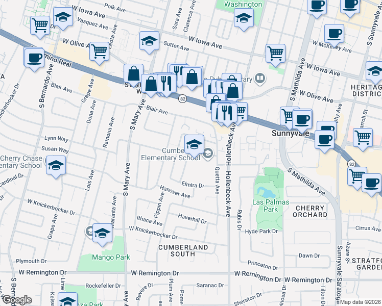 map of restaurants, bars, coffee shops, grocery stores, and more near 869 Cumberland Drive in Sunnyvale