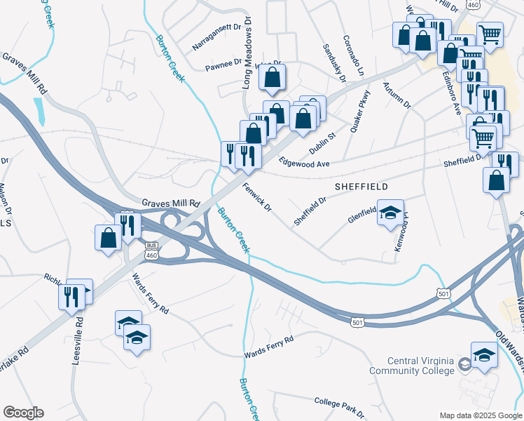 map of restaurants, bars, coffee shops, grocery stores, and more near 1204 Fenwick Dr in Lynchburg