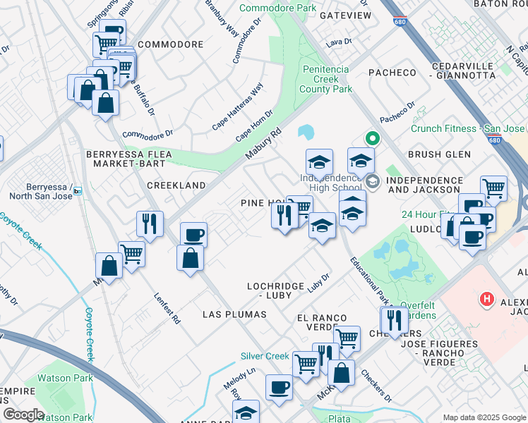 map of restaurants, bars, coffee shops, grocery stores, and more near 1999 Dobbin Drive in San Jose