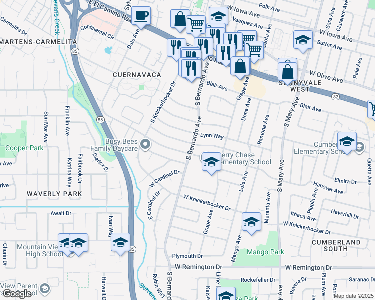 map of restaurants, bars, coffee shops, grocery stores, and more near 1201 Heatherstone Way in Sunnyvale