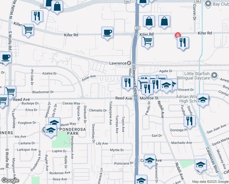 map of restaurants, bars, coffee shops, grocery stores, and more near 1117 Reed Avenue in Sunnyvale