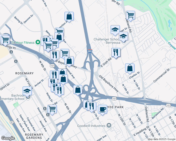 map of restaurants, bars, coffee shops, grocery stores, and more near Old Bayshore Highway in San Jose