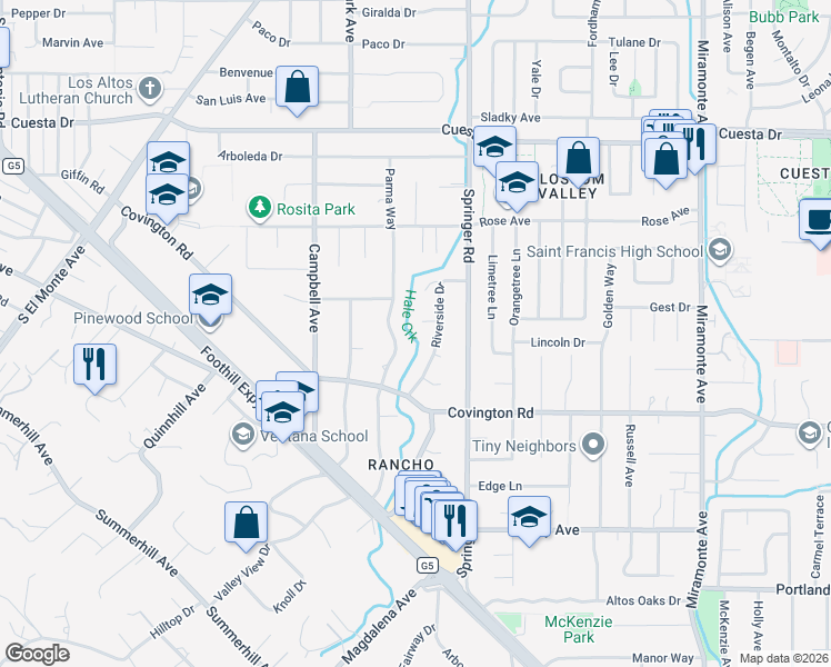 map of restaurants, bars, coffee shops, grocery stores, and more near 652 Rosewood Court in Los Altos