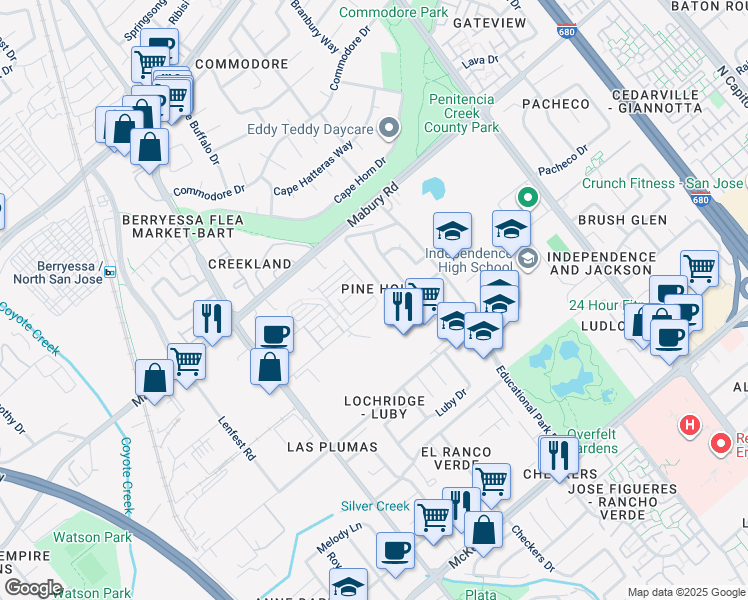 map of restaurants, bars, coffee shops, grocery stores, and more near 1999 Dobbin Drive in San Jose
