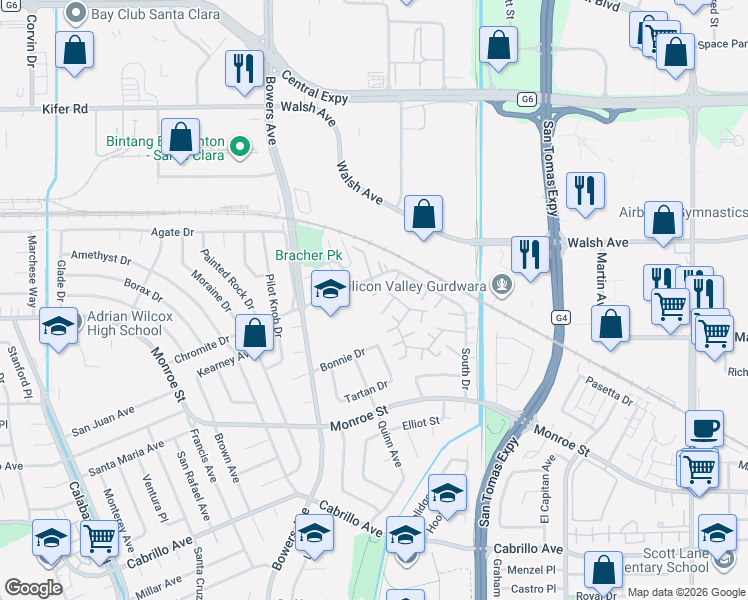 map of restaurants, bars, coffee shops, grocery stores, and more near 2611 South Park Lane in Santa Clara