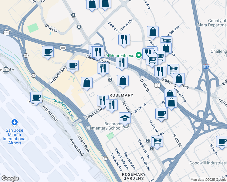 map of restaurants, bars, coffee shops, grocery stores, and more near 1729 North First Street in San Jose