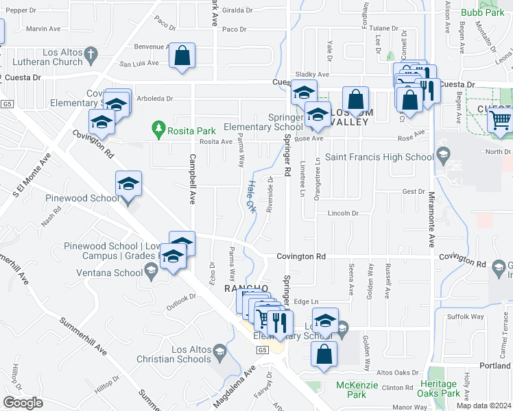 map of restaurants, bars, coffee shops, grocery stores, and more near 652 Rosewood Court in Los Altos