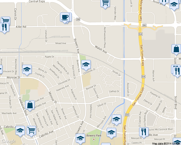 map of restaurants, bars, coffee shops, grocery stores, and more near 2600 Cortez Drive in Santa Clara