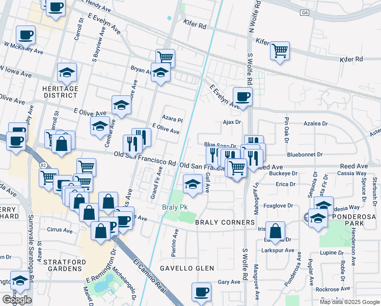 map of restaurants, bars, coffee shops, grocery stores, and more near 518 Ironwood Terrace in Sunnyvale