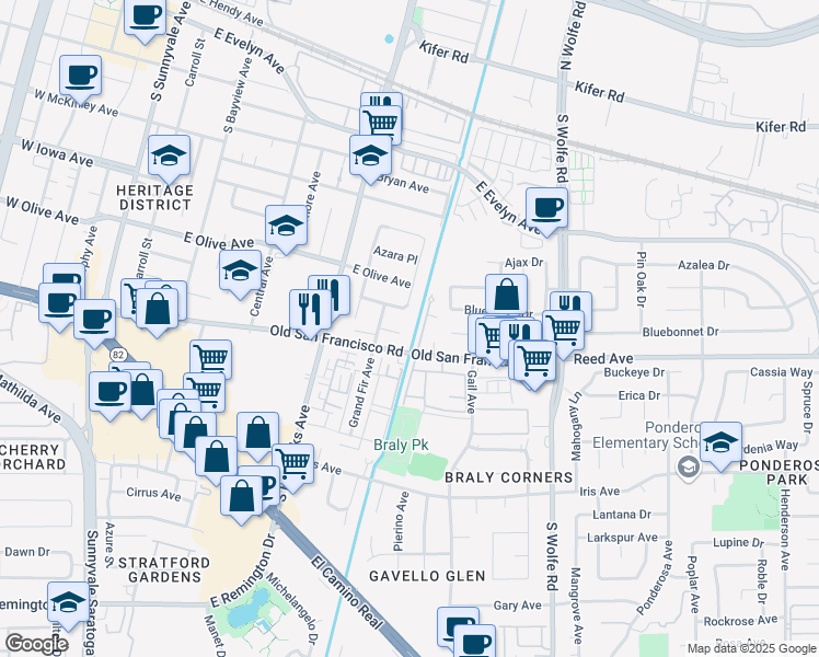 map of restaurants, bars, coffee shops, grocery stores, and more near 664 Begonia Way in Sunnyvale