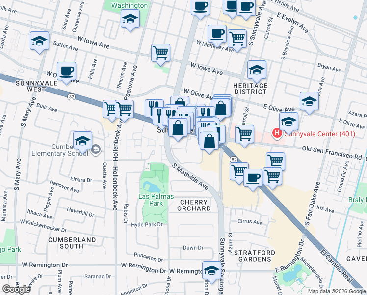 map of restaurants, bars, coffee shops, grocery stores, and more near 310 West El Camino Real in Sunnyvale