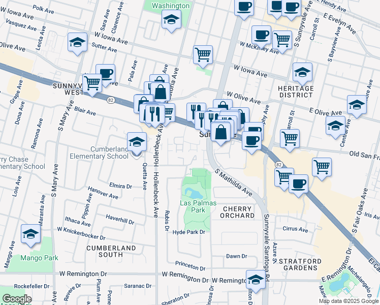 map of restaurants, bars, coffee shops, grocery stores, and more near 536 Holthouse Terrace in Sunnyvale