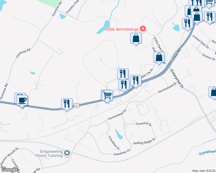 map of restaurants, bars, coffee shops, grocery stores, and more near 1154 Ambassador Drive in Forest