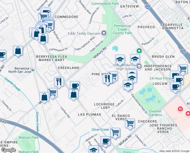 map of restaurants, bars, coffee shops, grocery stores, and more near 1966 Galileo Lane in San Jose