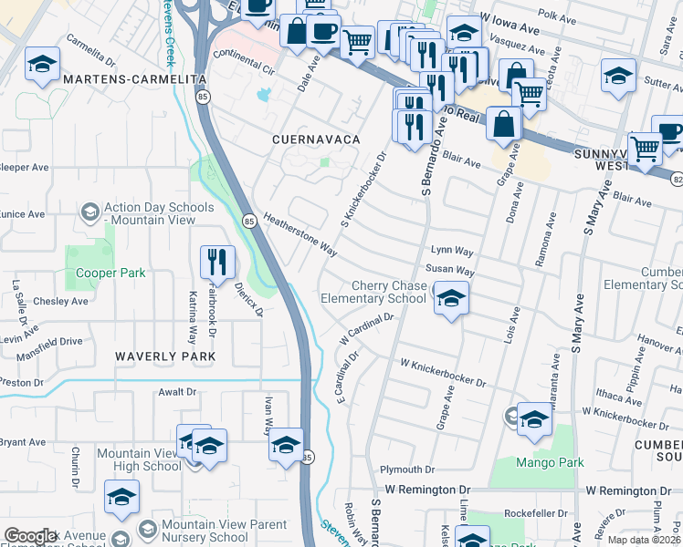 map of restaurants, bars, coffee shops, grocery stores, and more near 1284 Heatherstone Way in Sunnyvale