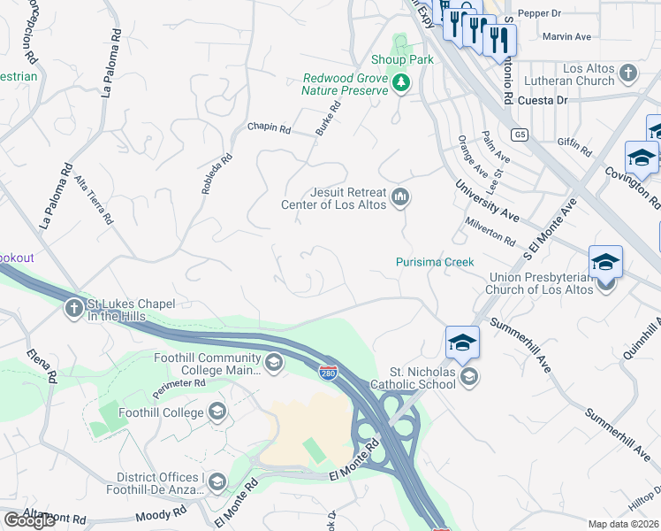 map of restaurants, bars, coffee shops, grocery stores, and more near 12740 Dianne Drive in Los Altos Hills