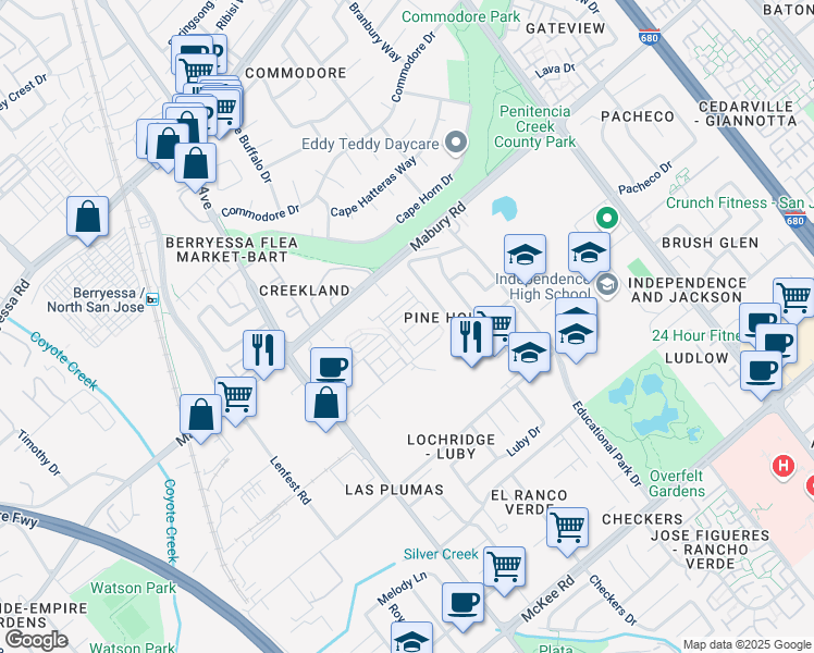 map of restaurants, bars, coffee shops, grocery stores, and more near 2086 Mahuron Circle in San Jose