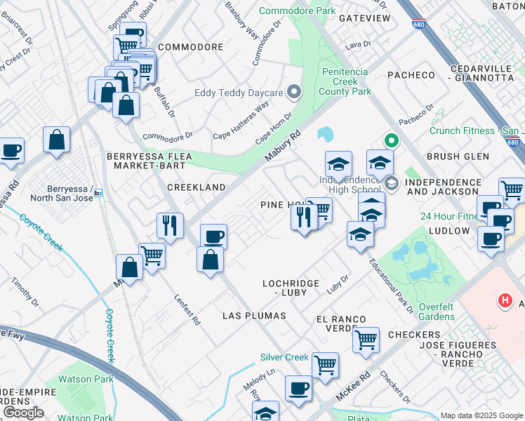map of restaurants, bars, coffee shops, grocery stores, and more near 2086 Mahuron Circle in San Jose