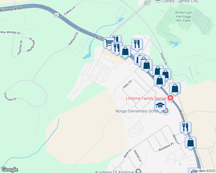 map of restaurants, bars, coffee shops, grocery stores, and more near 166 Old Church Road in Williamsburg