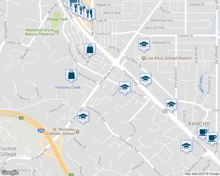 map of restaurants, bars, coffee shops, grocery stores, and more near 834 Starlite Lane in Los Altos