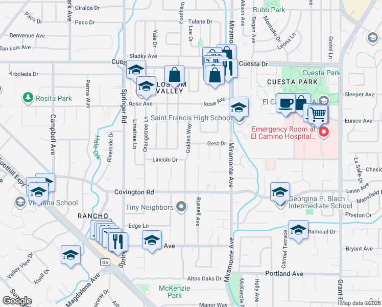 map of restaurants, bars, coffee shops, grocery stores, and more near 1933 Golden Way in Mountain View