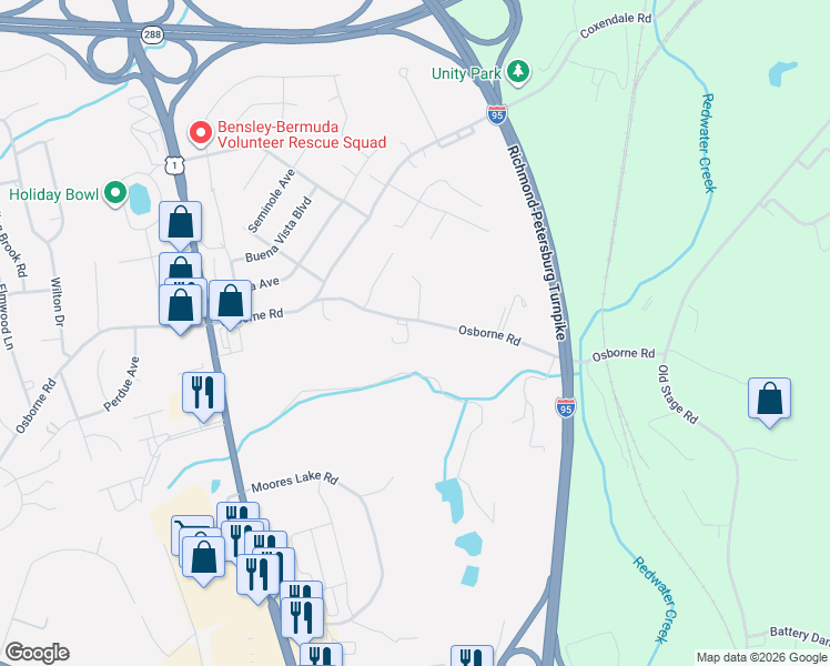 map of restaurants, bars, coffee shops, grocery stores, and more near 2202 Osborne Road in Chester