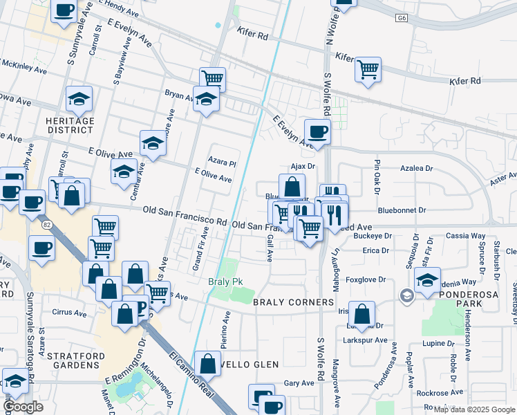 map of restaurants, bars, coffee shops, grocery stores, and more near 735 Calico Court in Sunnyvale