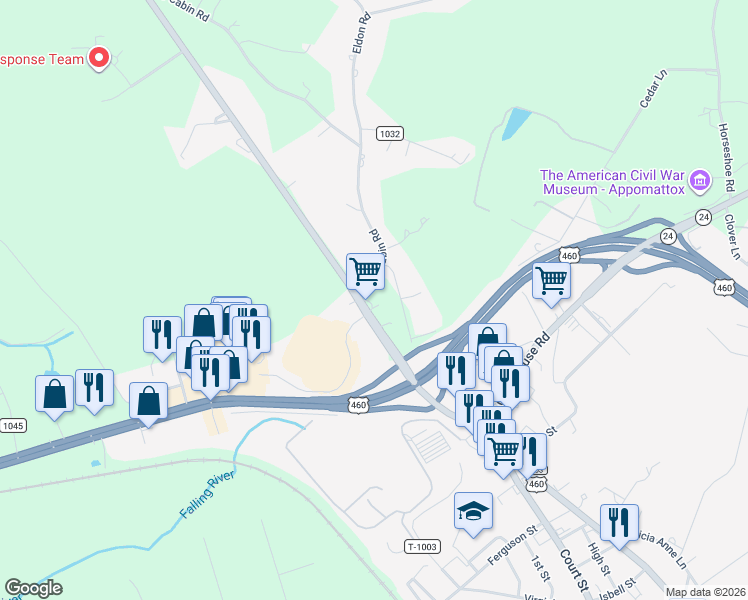 map of restaurants, bars, coffee shops, grocery stores, and more near 134 Bible Baptist Rd in Appomattox