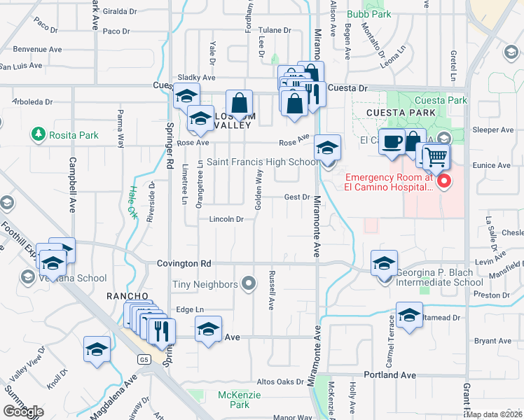 map of restaurants, bars, coffee shops, grocery stores, and more near 1933 Golden Way in Mountain View