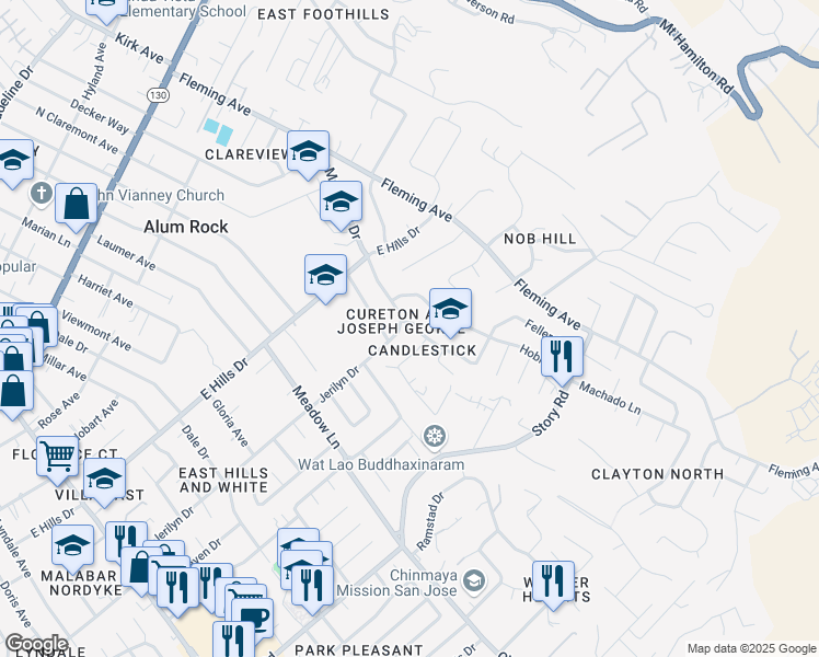 map of restaurants, bars, coffee shops, grocery stores, and more near 515 Davenport Drive in San Jose
