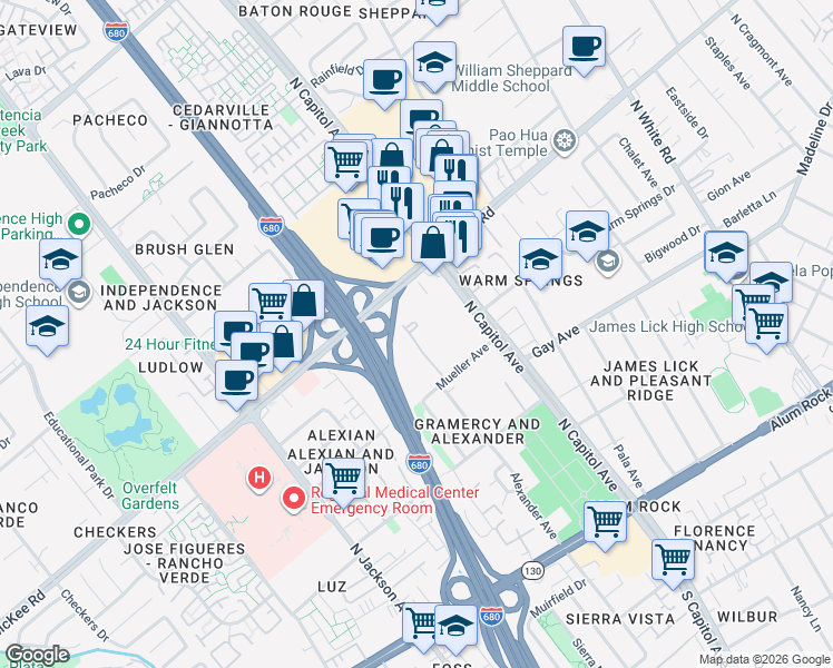 map of restaurants, bars, coffee shops, grocery stores, and more near 259 North Capitol Avenue in San Jose