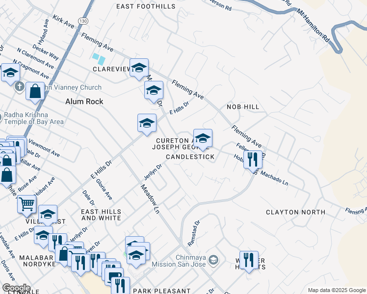 map of restaurants, bars, coffee shops, grocery stores, and more near 515 Davenport Drive in San Jose