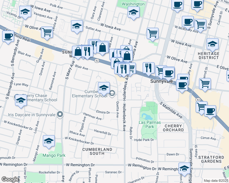 map of restaurants, bars, coffee shops, grocery stores, and more near 827 Cumberland Drive in Sunnyvale