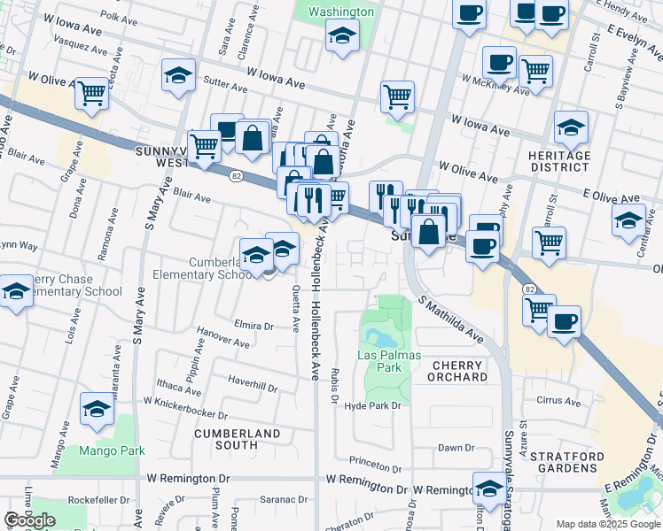 map of restaurants, bars, coffee shops, grocery stores, and more near 716 Hollenbeck Avenue in Sunnyvale