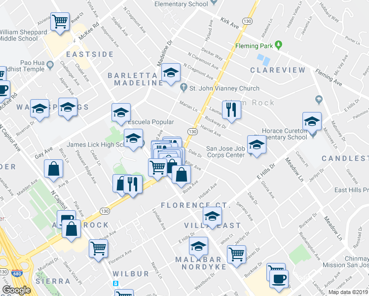 map of restaurants, bars, coffee shops, grocery stores, and more near Alum Rock Ave & Dale Dr in San Jose