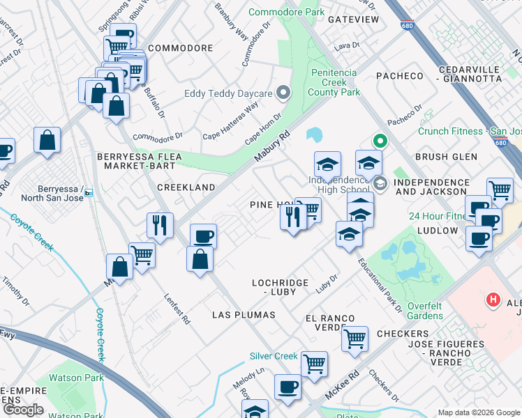 map of restaurants, bars, coffee shops, grocery stores, and more near 2051 Mahuron Circle in San Jose