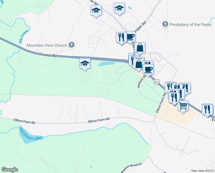 map of restaurants, bars, coffee shops, grocery stores, and more near 1006 Blue Ridge View Circle in Forest