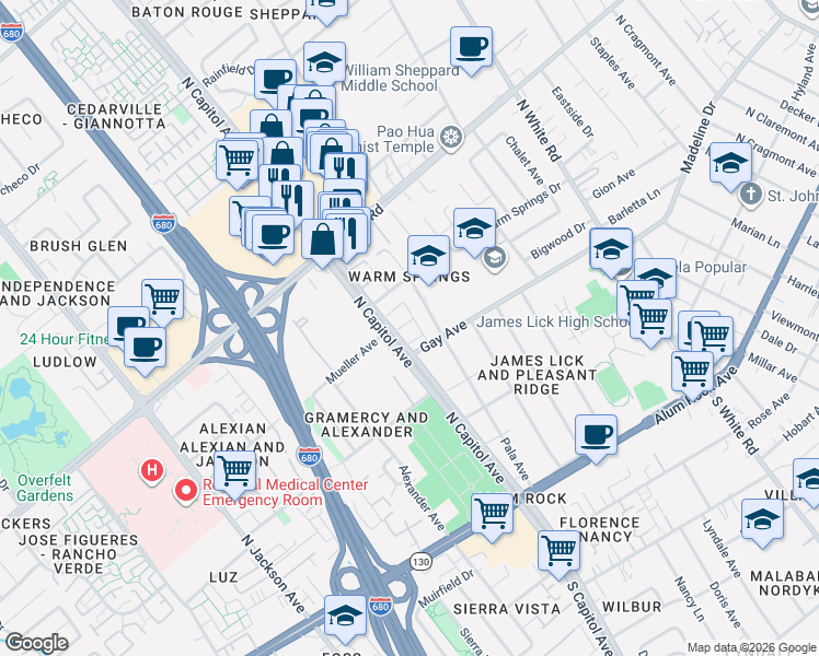 map of restaurants, bars, coffee shops, grocery stores, and more near 259 Pala Avenue in San Jose
