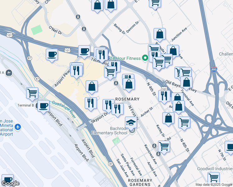 map of restaurants, bars, coffee shops, grocery stores, and more near 1733 North 1st Street in San Jose