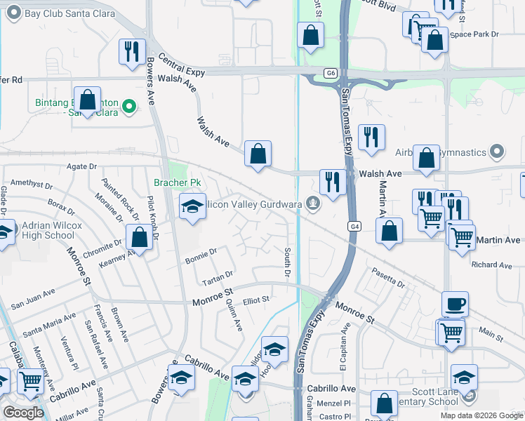 map of restaurants, bars, coffee shops, grocery stores, and more near 2517 Palmdale Court in Santa Clara