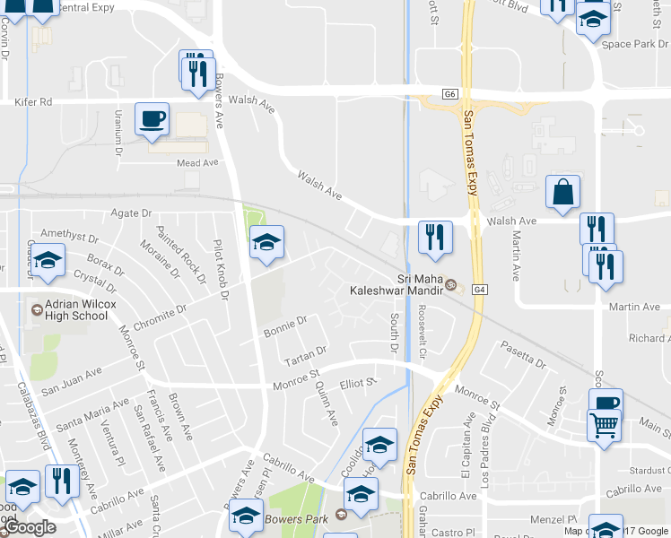 map of restaurants, bars, coffee shops, grocery stores, and more near 2611 South Park Lane in Santa Clara