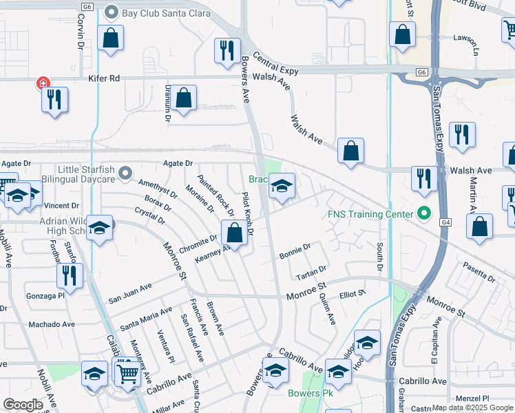map of restaurants, bars, coffee shops, grocery stores, and more near 2540 Bowers Avenue in Santa Clara