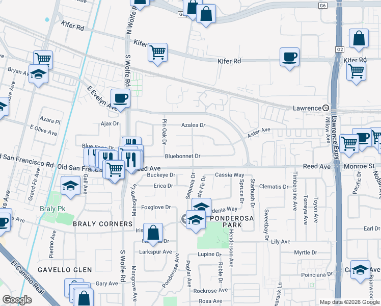 map of restaurants, bars, coffee shops, grocery stores, and more near 972 Bermuda Court in Sunnyvale