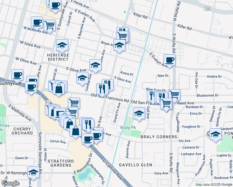 map of restaurants, bars, coffee shops, grocery stores, and more near 559 Firloch Avenue in Sunnyvale