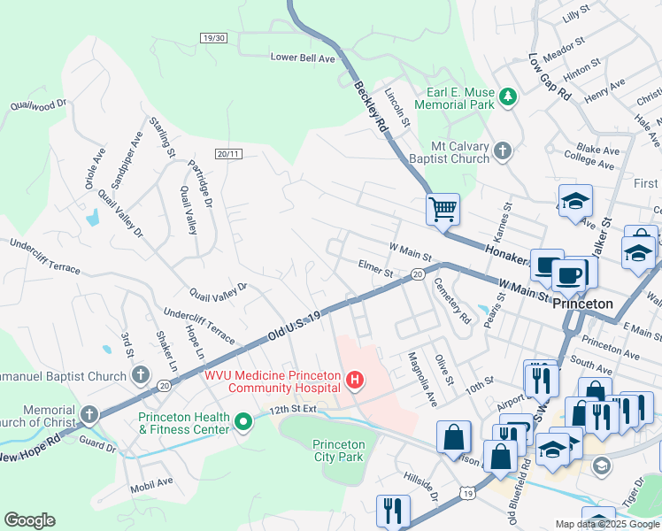map of restaurants, bars, coffee shops, grocery stores, and more near Bailey Street in Princeton